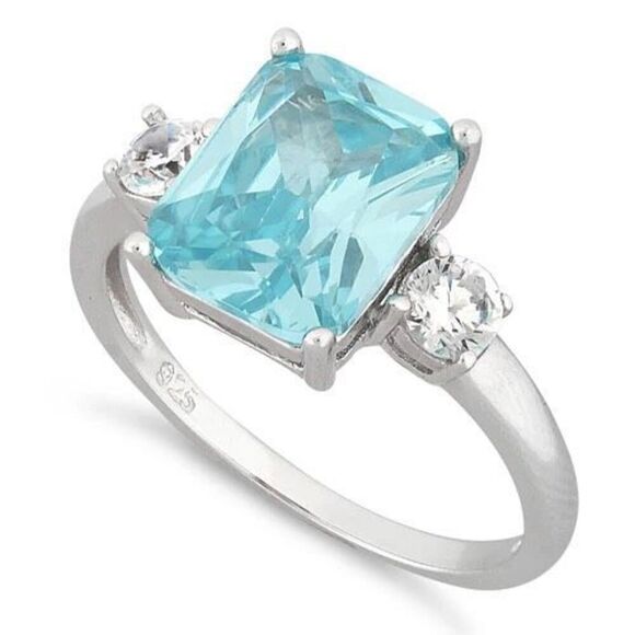 Sterling Silver Triple Rectangular Aquamarine Ring New - Picture 1 of 4